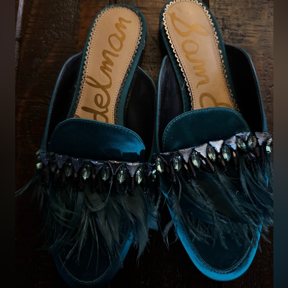 Sam Edelman Teal Feather Embellished Mules